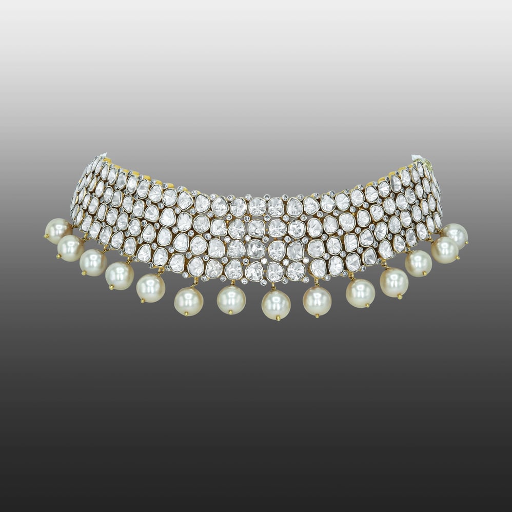 Polki Diamond Choker with Multi-Row Design and Pearl Drops